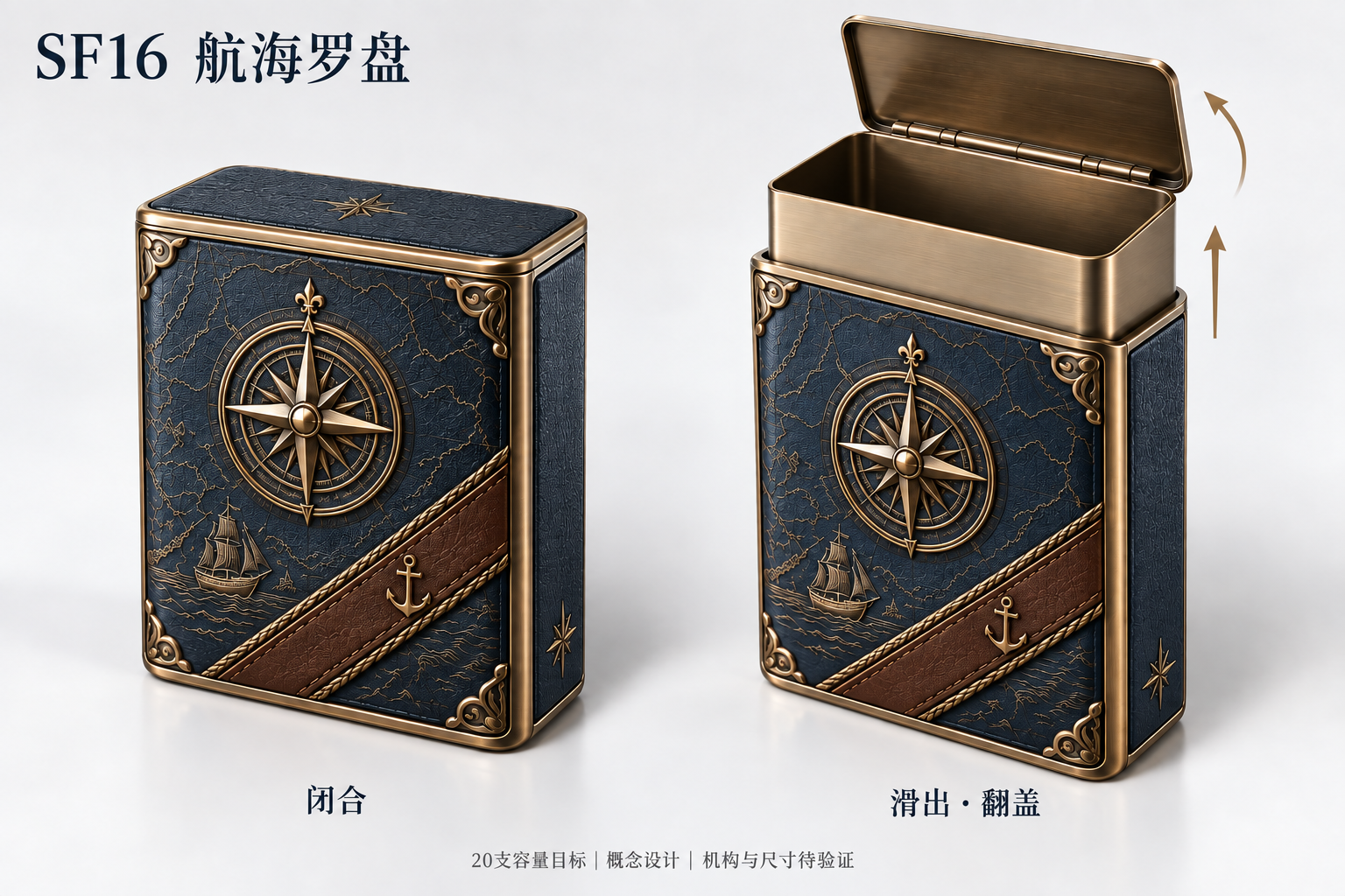 SF16 航海罗盘，闭合与滑出翻盖双状态概念图